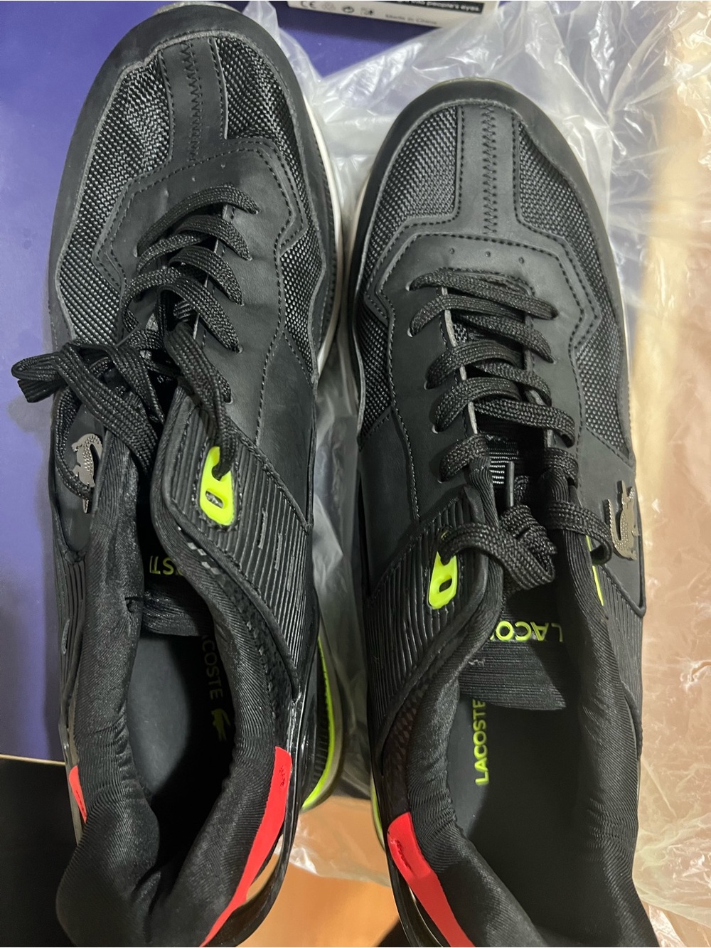 Lacoste Men’s Black Sneakers with Neon Yellow and Red Accents